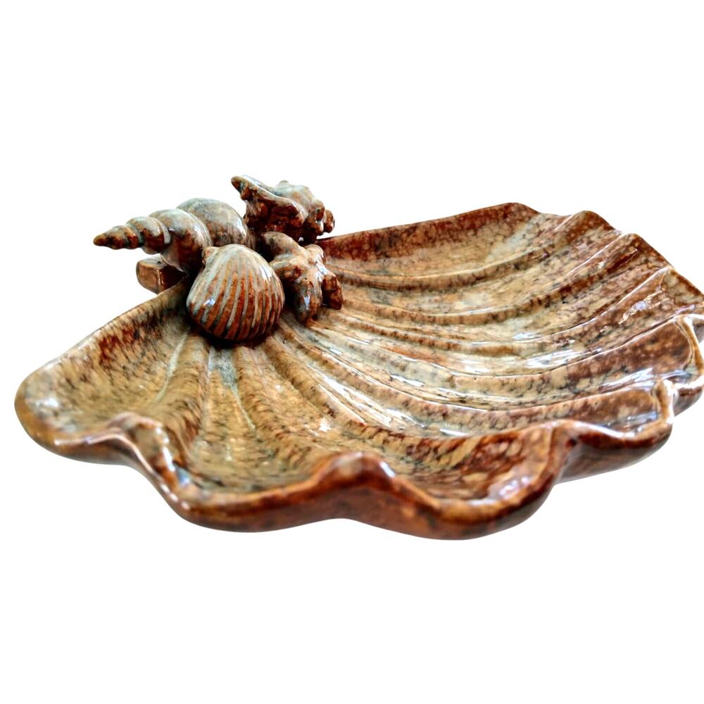 Vintage Large Pottery Shell Trinket Dish Catchall Jewelry Coastal Beach Nautica